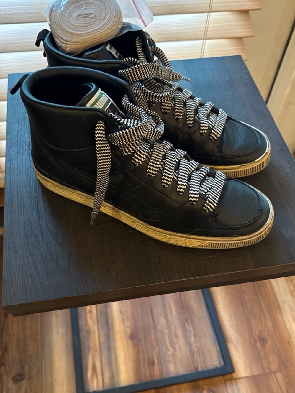 Puma Black High-Top Sneakers with Cream Sole and Black-White Laces